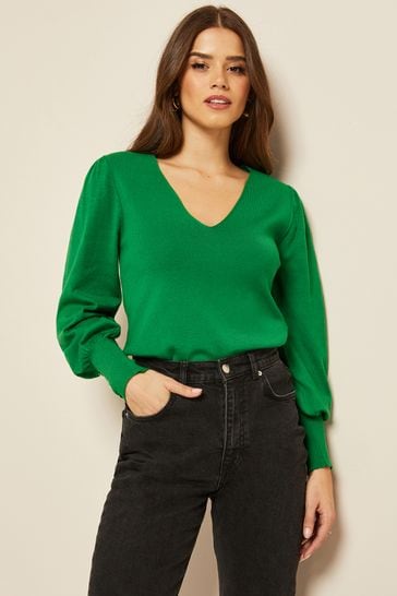 Friends Like These Green Button Cuff V Neck Volume Sleeve Jumper