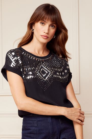 Love & Roses Black Embellished Round Neck Roll Sleeve Top