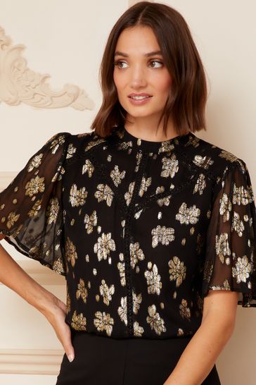 Love & Roses Black Metallic High Neck Flutter Sleeves Top