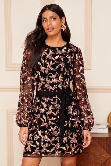 Love & Roses Black Embellished Long Mesh Sleeve Belted Mini Dress