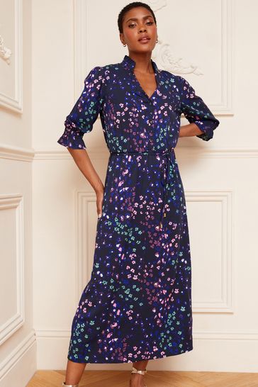 Buy Love Roses Navy Floral Printed Ruffle V Neck Short Sleeve