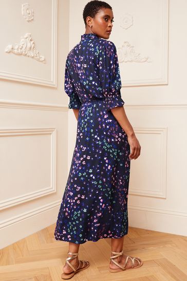 Buy Love Roses Navy Floral Printed Ruffle V Neck Short Sleeve