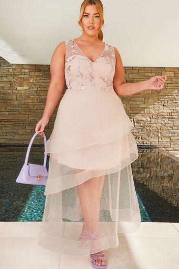 Buy Chi Chi London Light Pink Plus Size Embroidered V Neck Mesh