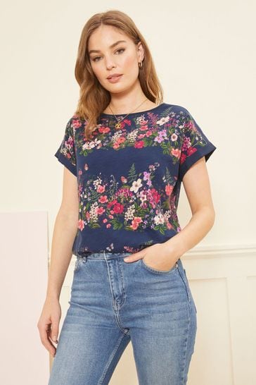 Love & Roses Floral Stripe Roll Sleeve T-Shirt