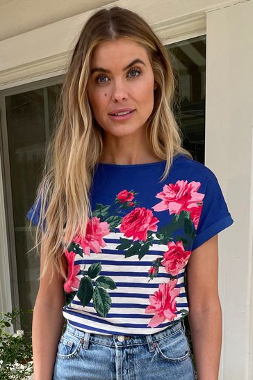 Love & Roses Stripe Floral Roll Sleeve T-Shirt