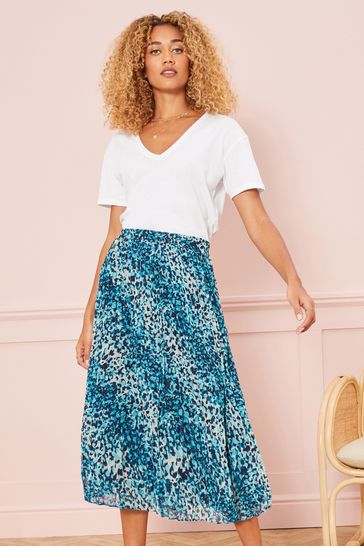 Buy Love Roses Blue Animal Pleated Midi Skirt from Next Luxembourg