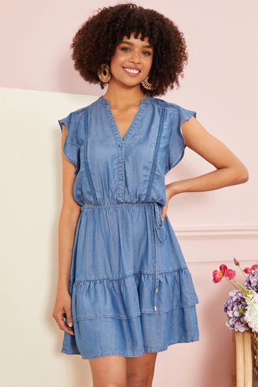 Denim dress with online lace trim