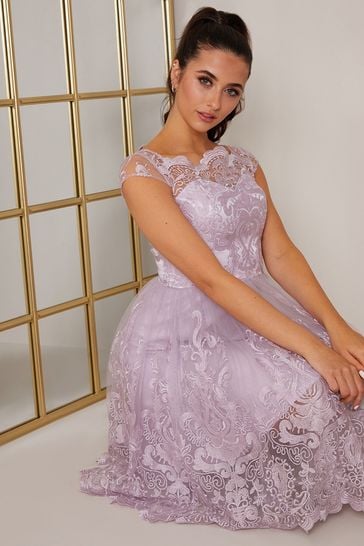 Chi Chi London Purple Cap Sleeved Embroidered Scallop Hem Midi Dress