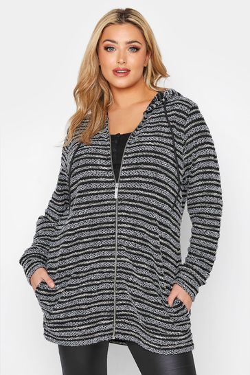 Yours Curve Black Zip Through Striped Cardigan
