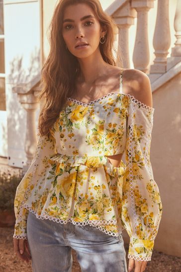 Buy Lipsy Yellow Floral Long Sleeve Cut Out Cold Shoulder Top from