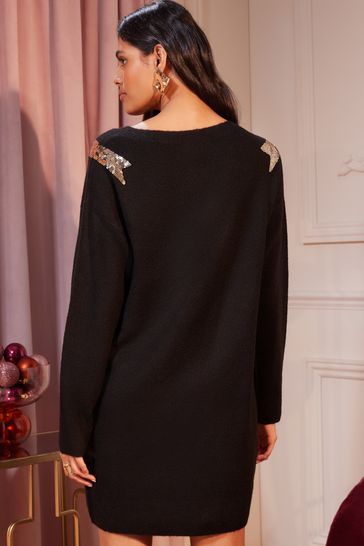Love Roses Black Sequin Bow Crew Neck Knitted Mini Dress
