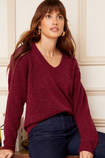 Buy Love Roses Berry Red Pompom V Neck Knitted Jumper from Next