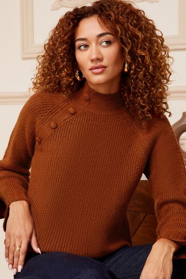 Buy Love Roses Rust Button Detail High Neck Knitted Jumper from