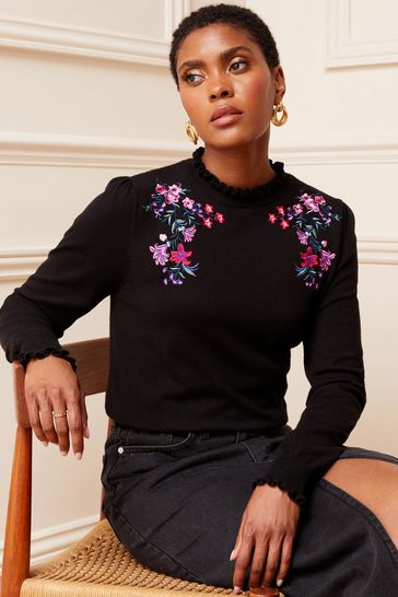 Buy Love Roses Black Floral Embroidered Ruffle Neck Fine Gauge