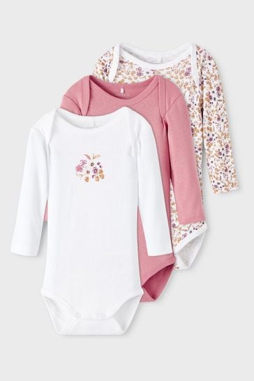 Name It White/Pink Floral Long Sleeve Bodysuit 3 Pack