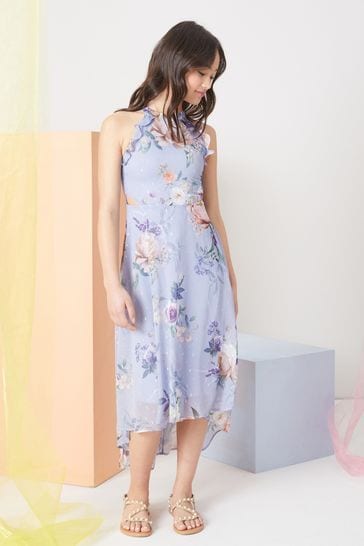 Blue floral chiffon maxi deals dress