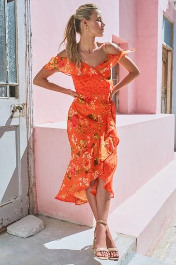 Cold shoulder store ruffle midi dress