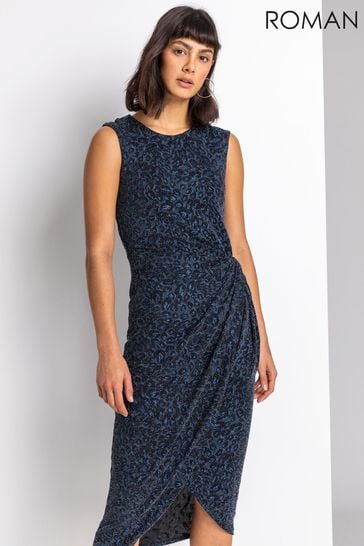 Roman Navy Glitter Animal Print Twist Midi Dress