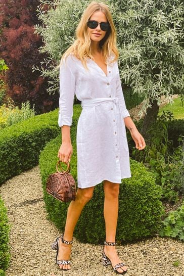 White linen belted dress outlet