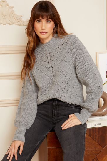 Love & Roses Grey Pom Pom Sleeve Crew Neck Knit Jumper