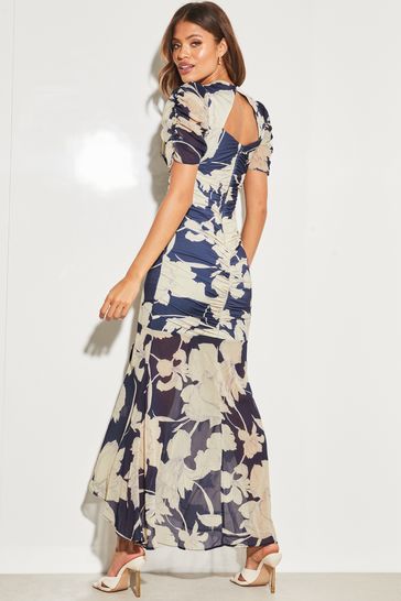 Lipsy Navy Petite Ruched Front Sleeves V Neck Mesh Summer Maxi Dress