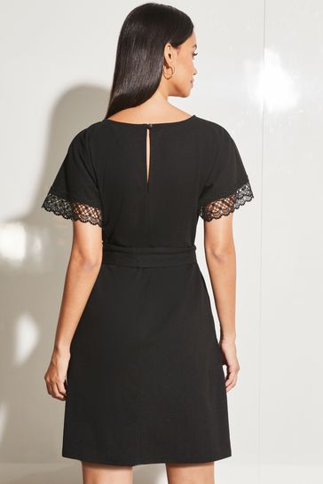 Buy Lipsy Black Short Sleeve Crochet Lace Trim Belted Mini Dress