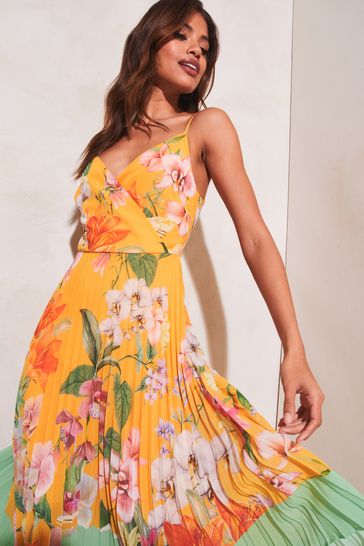 Buy Lipsy Yellow Strappy Pleated Hanky Hem Midi Dress from Next