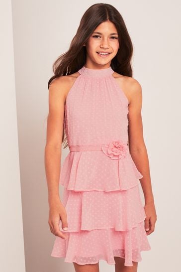 Lipsy Pink Corsage Pleated Halter Belted Dress