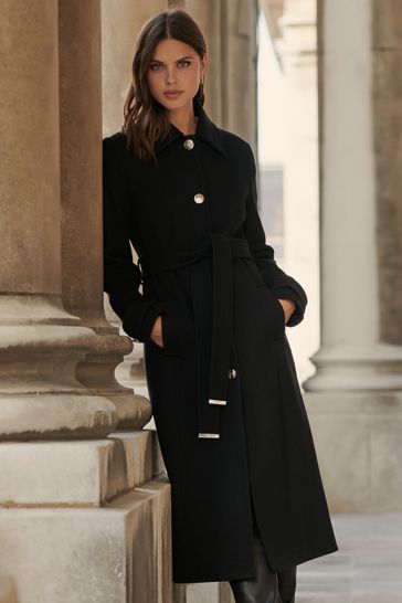 Lipsy Black Single Breasted Button Through Belted Coat