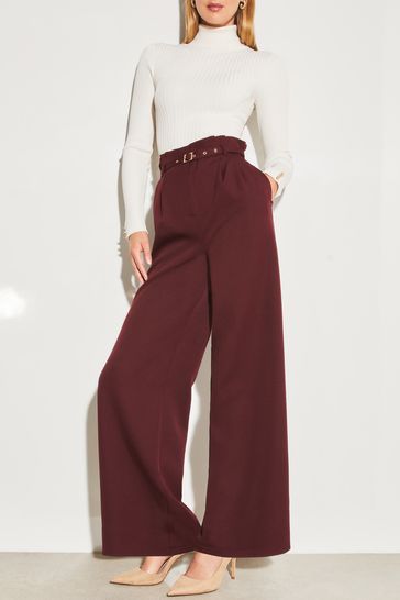 Lipsy Wild Berry Red Petite Paperbag Wide Leg Belted Tailored Trousers