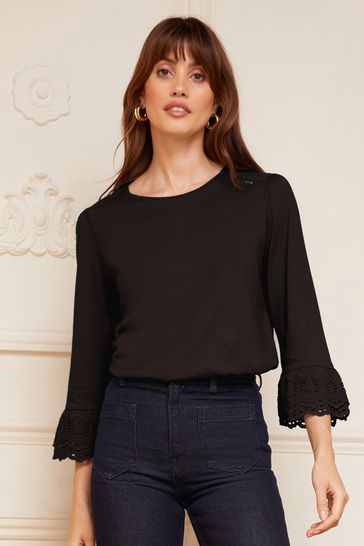 Love & Roses Black 3/4 Broderie Flute Sleeve Round Neck Jersey Top
