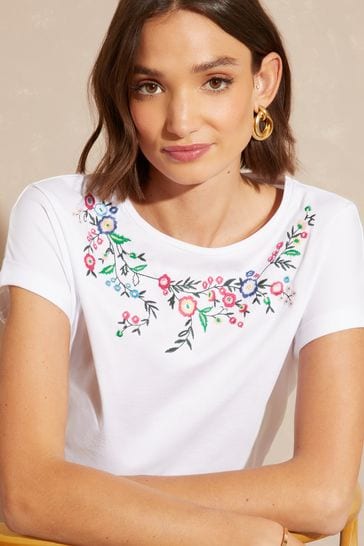 Love & Roses White Embroidered Roll Sleeve Round Neck T-Shirt