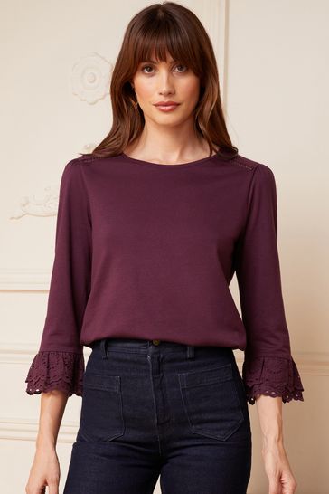 Love & Roses Purple 3/4 Broderie Flute Sleeve Round Neck Jersey Top