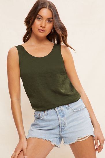 Friends Like These Khaki Green Satin Scoop Neck Shell Top