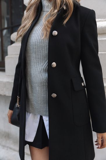 Buy Lipsy Black Petite Military Button A Line Coat from Next Ireland