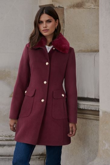 Lipsy Berry Red Regular Faux Fur Collar Princess Coat