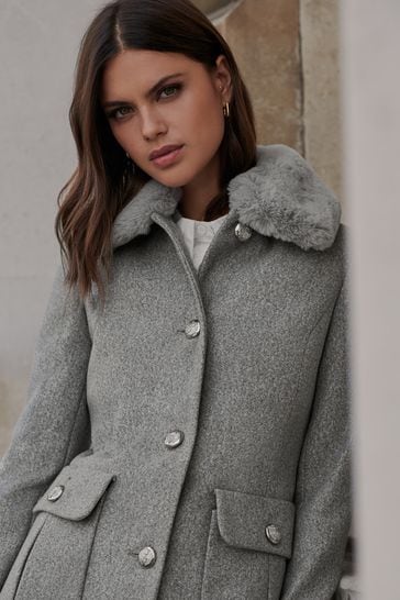 Lipsy Grey Regular Faux Fur Collar Princess Coat