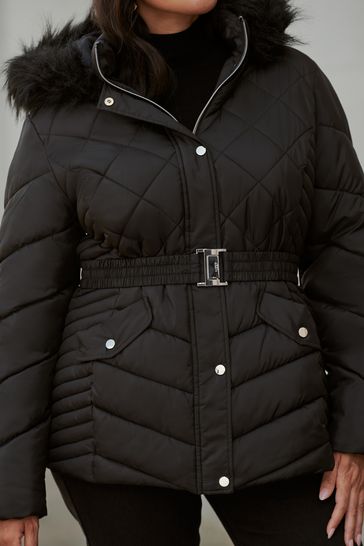 Lipsy Black Short Belted Fur Hood Padded Coat