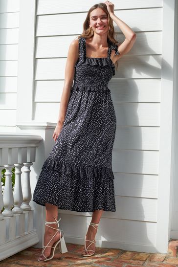 Friends Like These Black Tie Strap Frill Detail Midi Dress