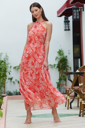 Buy Friends Like These Pink Tropical Dobby Chiffon Halter Maxi