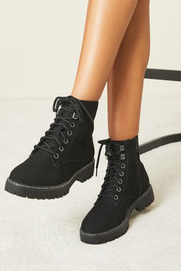 Lipsy Black Chunky Suedette Lace Up Biker Boot