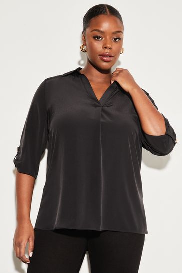 Lipsy Black Curve Curve V Neck 3/4 Sleeve Collared Blouse