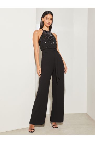 Black halter jumpsuit petite hot sale