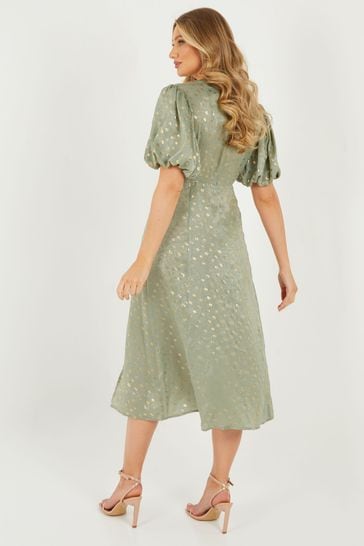 Buy Quiz Green Satin Puff Sleeves Polka Dot Midi Dress from Next Luxembourg