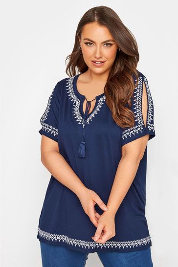 Yours Curve Blue Fringe Detail Embroidered Top