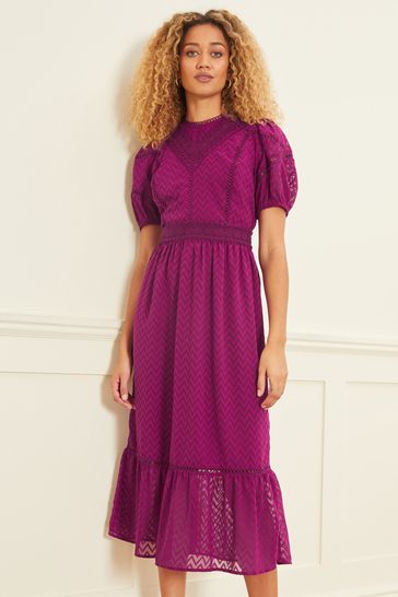 Roses Puff Sleeve Lace Trim Midi Dress 