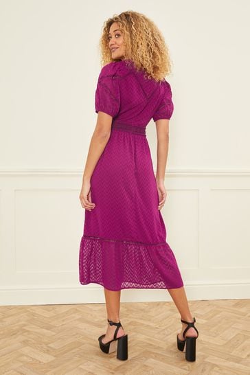 Roses Puff Sleeve Lace Trim Midi Dress 