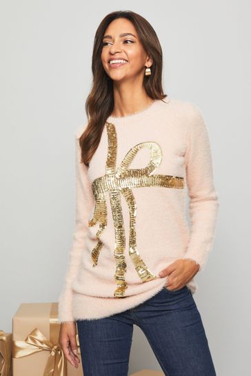 Lipsy Pink Regular Sequin Bow bardot Christmas Jumper Dress