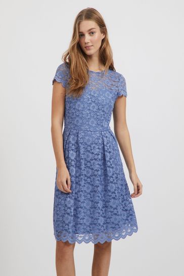 VILA Blue Short Sleeve Lace Pleated Dress