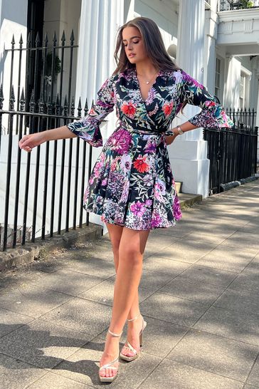 Buy Girl In Mind Black Floral Kiki Bell Sleeve Mini Dress from